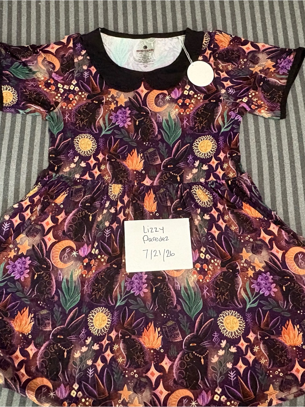Super soft bamboo dress Purple Floral Moon & Bunny Print Dress with Black Collar